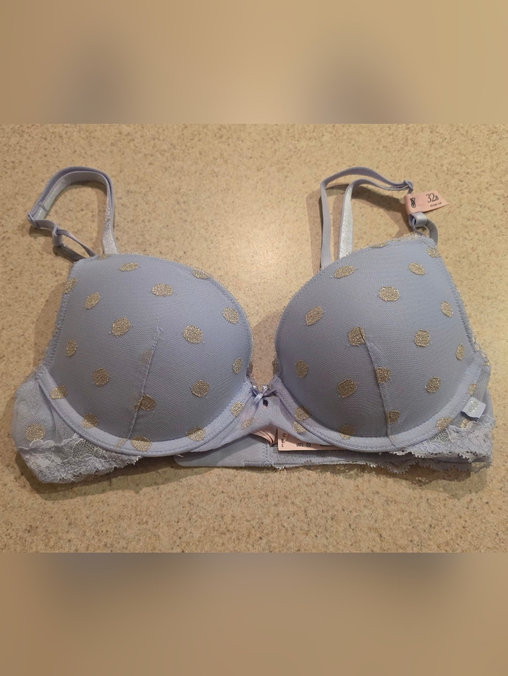 Victoria’s Secret Light Blue Gold Polka Dot Push-Up Bra 32B NWT